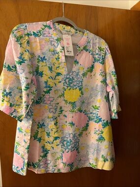 Lilly Pulitzer Pastel Floral Split-Neck Blouse - Pink, Yellow, Blue